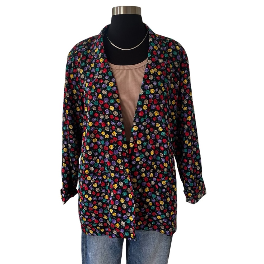 Vintage Colorayons multicolor floral blazer black single breasted oversized M - Picture 7 of 13